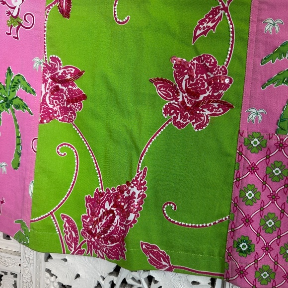 Vtg Pink & Green Fairy Core Preppy Patchwork Beaded Sequin Knee Length Skirt - Picture 5 of 9